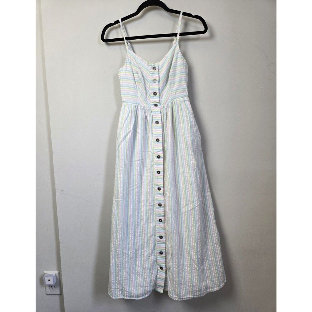 ModCloth Women's 2XS Striped Seersucker Midi Sundress V-Neck Button Front